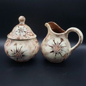 Ceramic Brown Beige Light Pink Floral Glaze Large Hobbiest Cream & Sugar Set